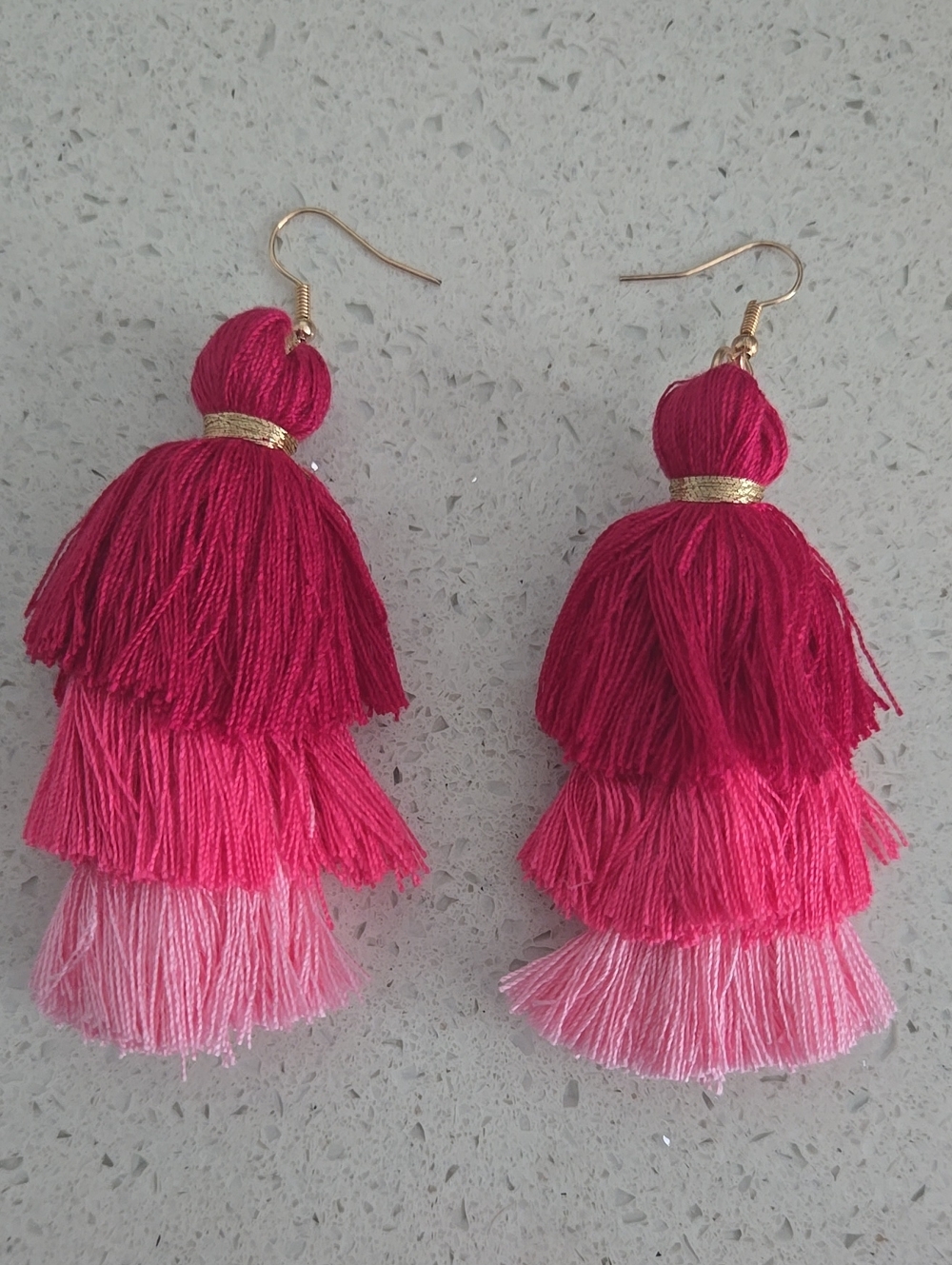 Pink Gradient Tassel Drop Earrings - Layered Fuchsia to Light Pink